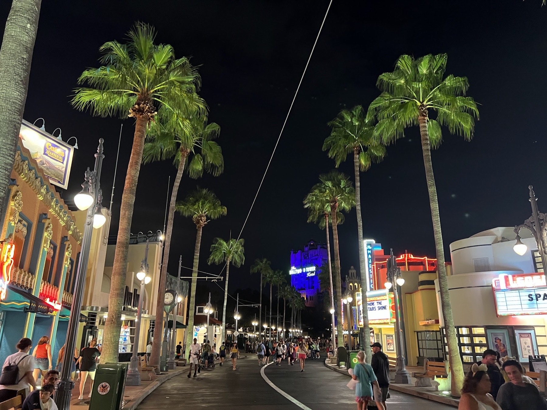 Hollywood Boulevard and the Hollywood Tower Hotel illuminated at night