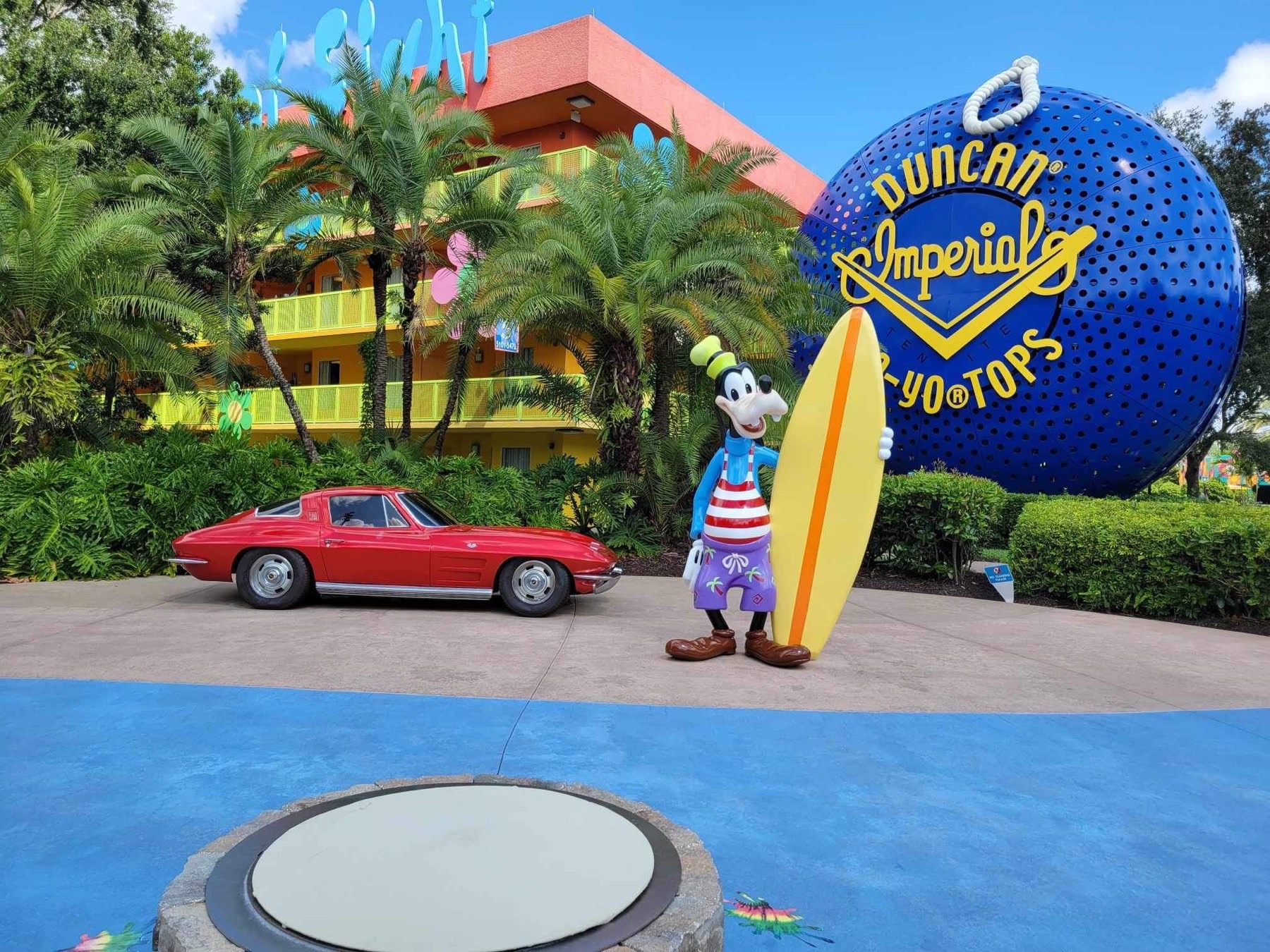 A colorful Orlando theme park resort exterior